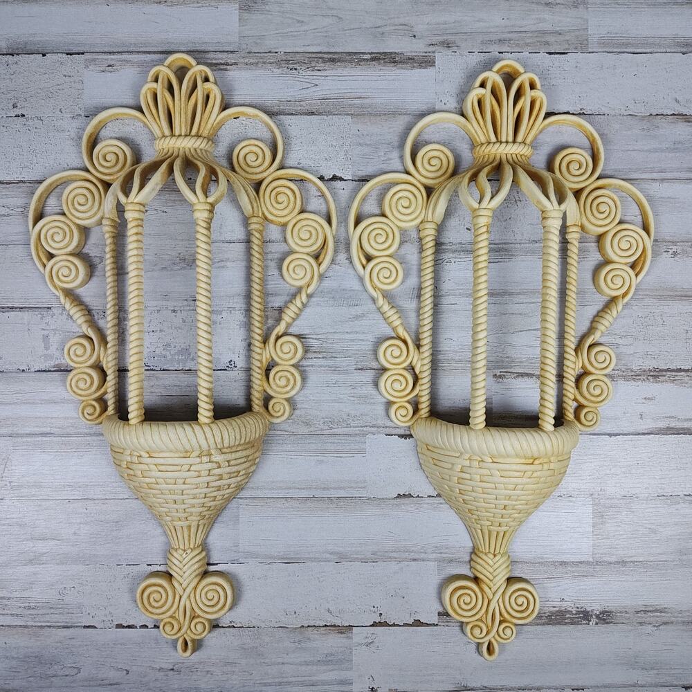 Vintage 1972 Burwood Wall Pockets Pair Faux Wicker Plastic Wall Planters USA